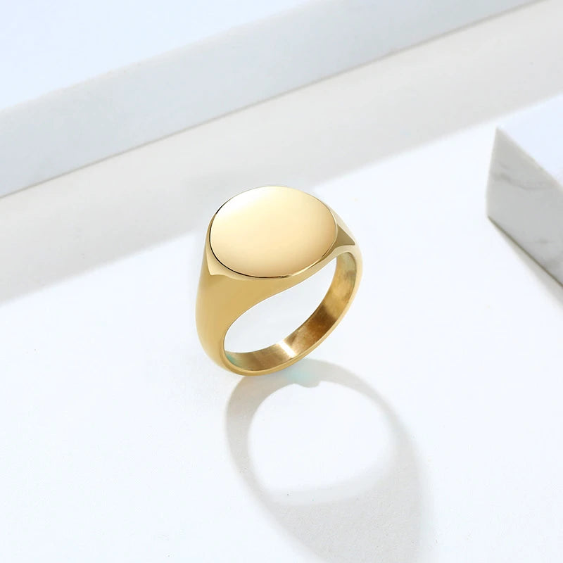 Customized Women Signet Ring, Chunky Round Top Initial Letter Stamp, Stainless Steel Punk Candid Fashion Jewelry Gift To Girls