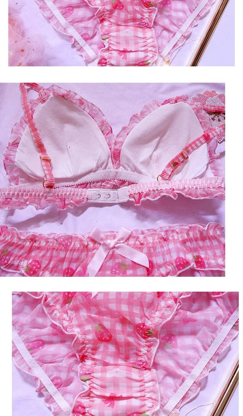 Cute Japanese Bras Briefs Underwear Set Lolita Girl Pink Plaid Flower Mesh Sexy Strawberry Print Bra & Panties Lingerie Set