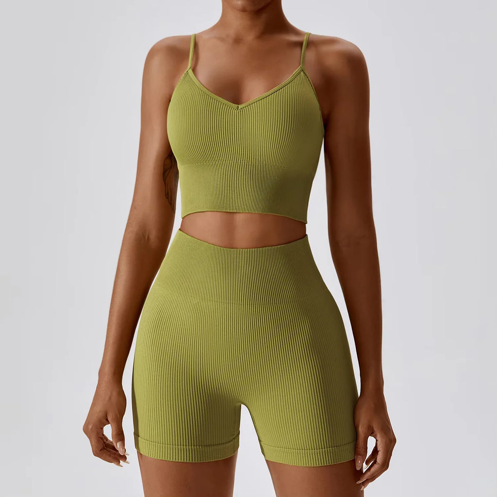 Joyyoung ODM/OEM New Sexy Training Apparel Seamless Ribbed High Impacted Bra Scrunch Shorts Yoga Sets Fitness Sports Clothing
