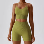 Joyyoung ODM/OEM New Sexy Training Apparel Seamless Ribbed High Impacted Bra Scrunch Shorts Yoga Sets Fitness Sports Clothing