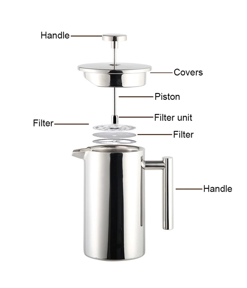 1.5L Coffee Maker French Press Stainless Steel Espresso Coffee Machine French Press Double-Wall Insulated Coffee Tea Maker Pot