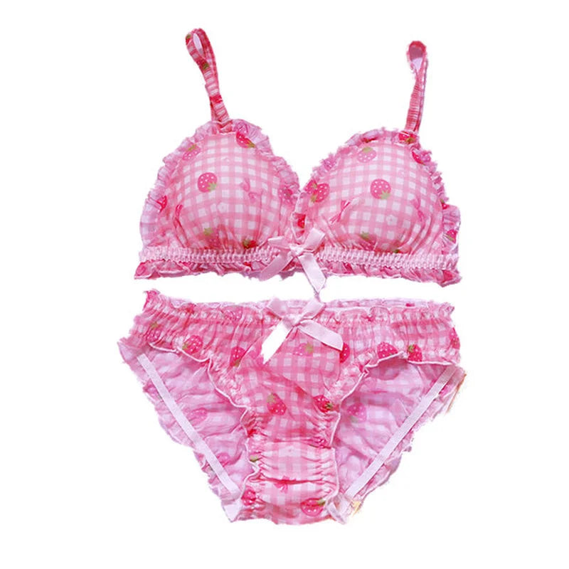 Cute Japanese Bras Briefs Underwear Set Lolita Girl Pink Plaid Flower Mesh Sexy Strawberry Print Bra & Panties Lingerie Set