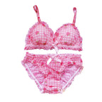 Cute Japanese Bras Briefs Underwear Set Lolita Girl Pink Plaid Flower Mesh Sexy Strawberry Print Bra & Panties Lingerie Set
