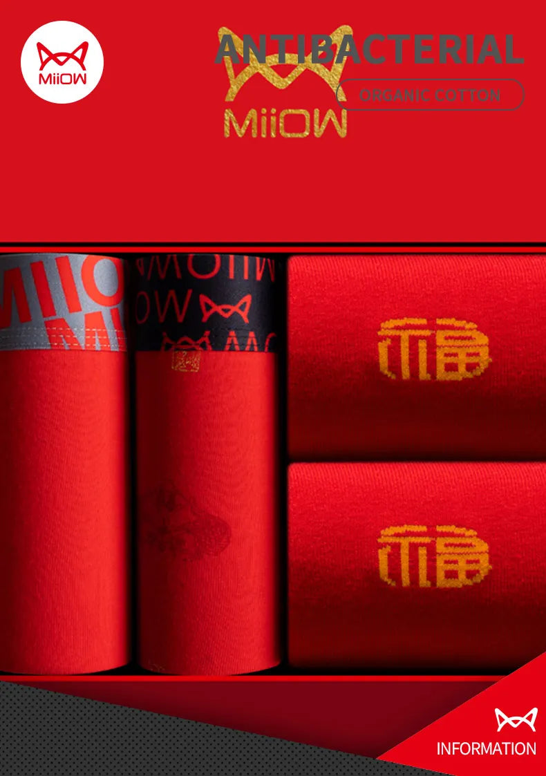MiiOW Organic Cotton Boxer Socks Set Men Underwear Boxers Trunks Antibacterial Male Panties Boxershorts Underpants Red L-3XL New