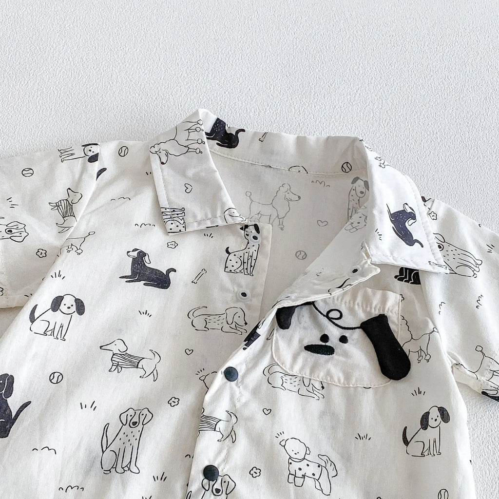 0-2Y Summer Baby Boy Clothes Full Of Dog Print Single Breasted Toddler Rompers Short Sleeve Cute Baby Boy Outfit