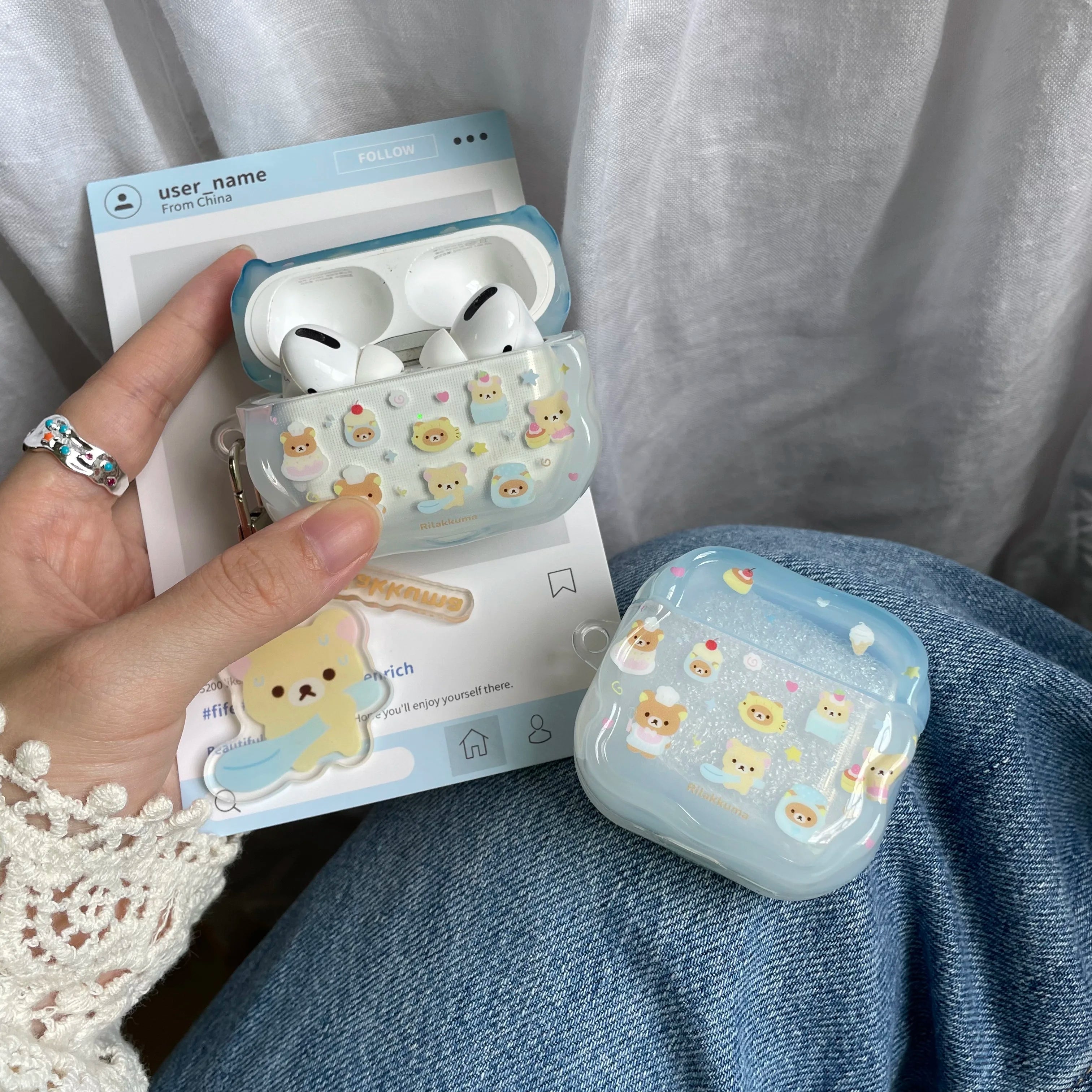 Cartoon Cake Bear Blue Wave Case for AirPods 2 3 4 ANC Cover with Keyring for Apple AirPod Pro 3 2025 Earphone Protective Cases