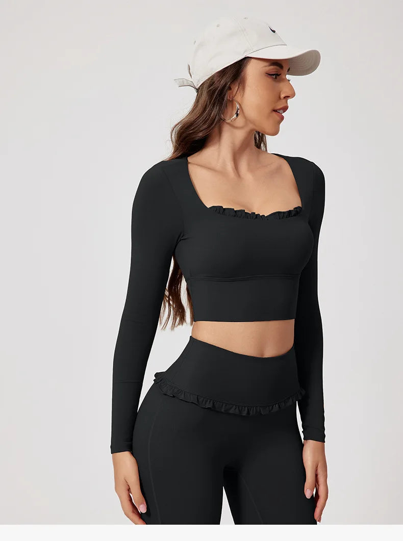 New Summer 2Pcs Women Gym Yoga Female Outfit Outdoor Sports Quick-Dry Long-Sleeved Shirt Set Woman Two-Piece Suit Sportswear