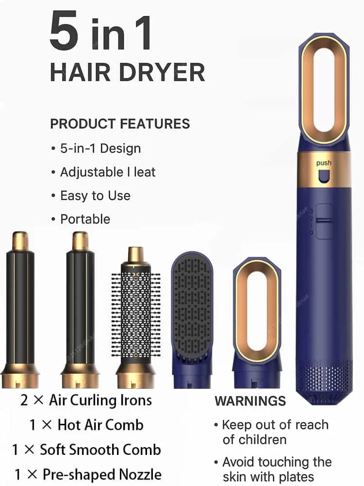 5 In 1 Hair Dryer And Hot Air Comb Brush With Curling Iron Hair Straightener For Fast Drying Curling Straightening And Styling