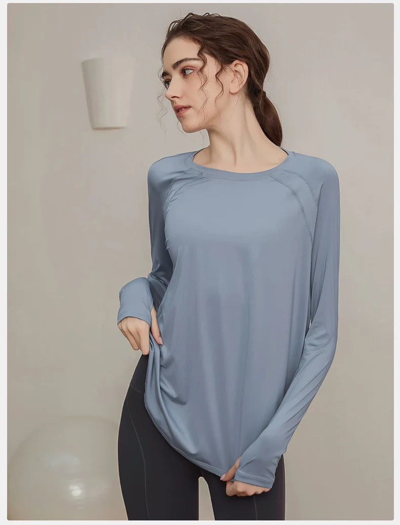 Loose, quick-drying sport tops, women's long-sleeved T-shirts, yoga wear, breathable running and fitness wear, slimming