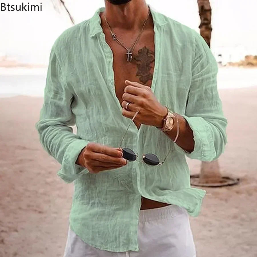2026 Men's Cotton Linen Shirts Top Simple Laple Solid  Man Shirts Tops Comfortable Loose Casual Holiday Shirts for Men Blouses Main image