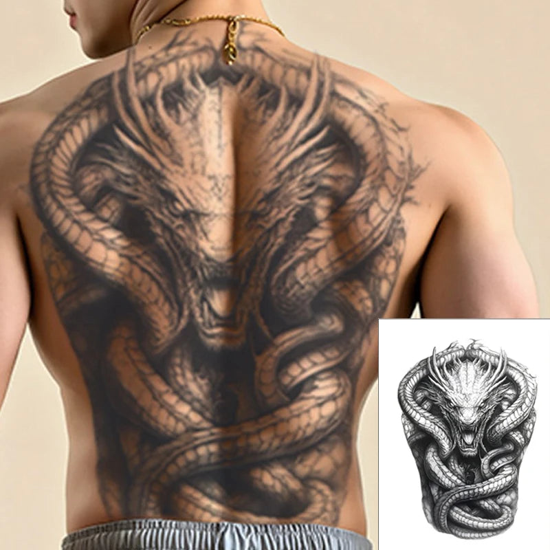 Magic Juice Ink Waterproof Tattoo Stickers Full Back Large Size Herbal Juice Temporary Tattoos Men Body Art Dragon Tiger