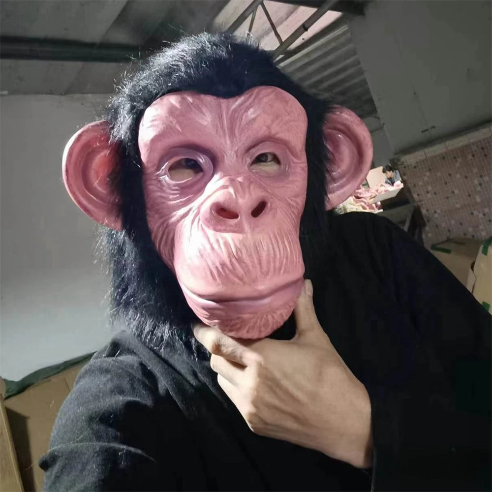 Deluxe Chimp Mask With Hair Novelty Latex Full Head Masks For Halloween Fancy Dress Party Cosplay Monkey Animal Mask