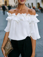 Fashion Ruffled Sexy One Shoulder Women's Short Sleeve Shirt Summer New Casual Loose Tops Female Elegant Versatile Office Shirt
