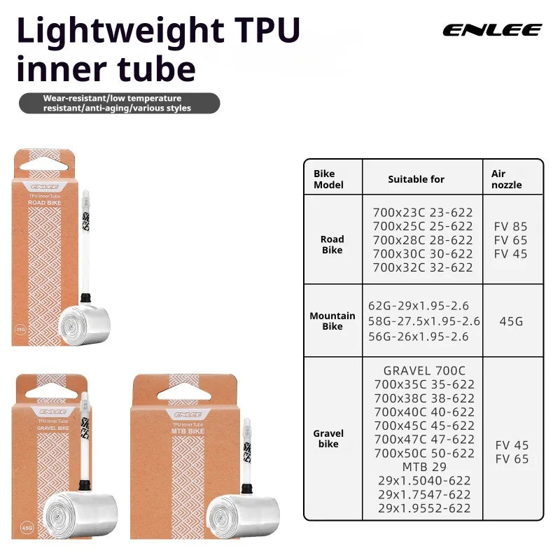 ENLEE Bike Tire Inner Tube TPU F/V Road Mountain Bike TPU Inner Tube Presta Valve 45mm 65mm 85mm Bicycle Inner Tire Bike Parts