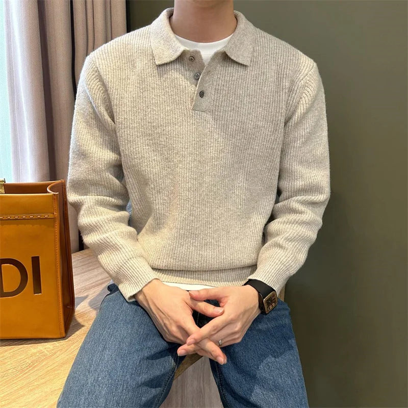 Winter Men's Solid Color Polo Neck Knitted Sweaters Casual Retro Warm Pullovers Knitwear Elegant Y2K Streetwear Jersey Hombre
