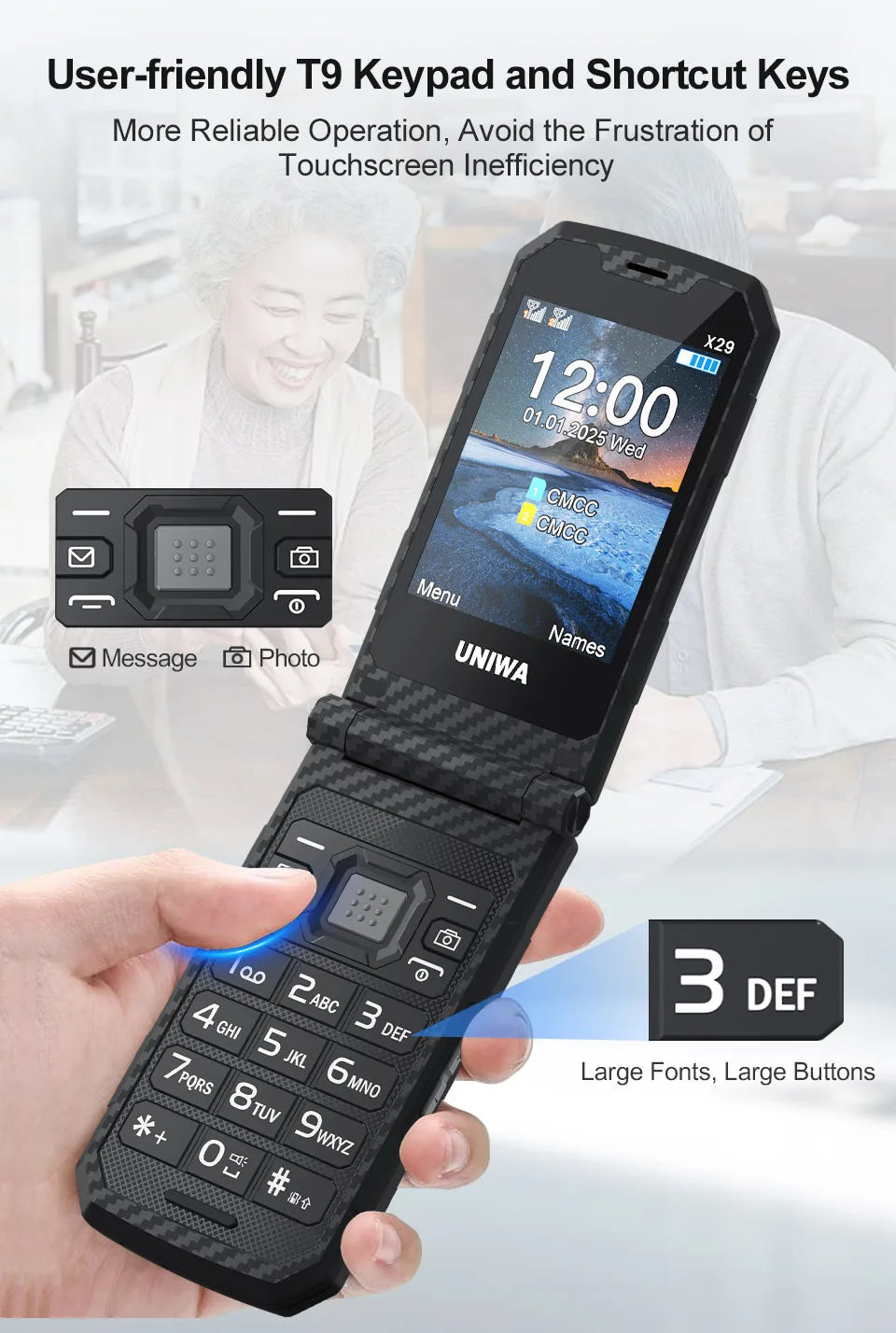 UNIWA X29 GSM Flip Phone 2.8 Inch Double Screen Dual SIM Big Font Big Button For Senior 2000mAh Wireless Radio  Russian Keyboard
