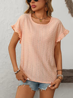Solid Casual Loose Blouses For Women Fashion 2025 Summer Women's Hollow Short Sleeve Shirts And Blouses Elegant Female Blue Tops
