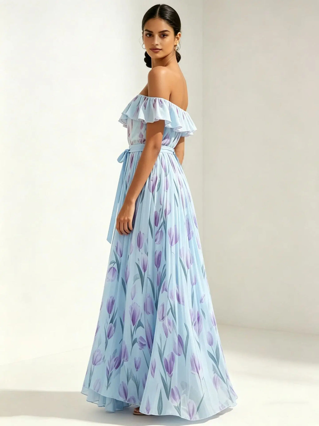 2026 summer off-the-shoulder tulip print plus size slimming square neck maxi dress