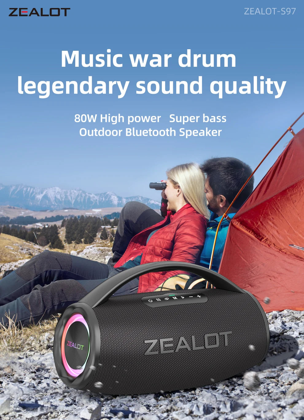 ZEALOT-S97 80W Bluetooth Speaker Powerful Wireless Speaker with Portable Handle, for Party, Camping，RGB colorful light