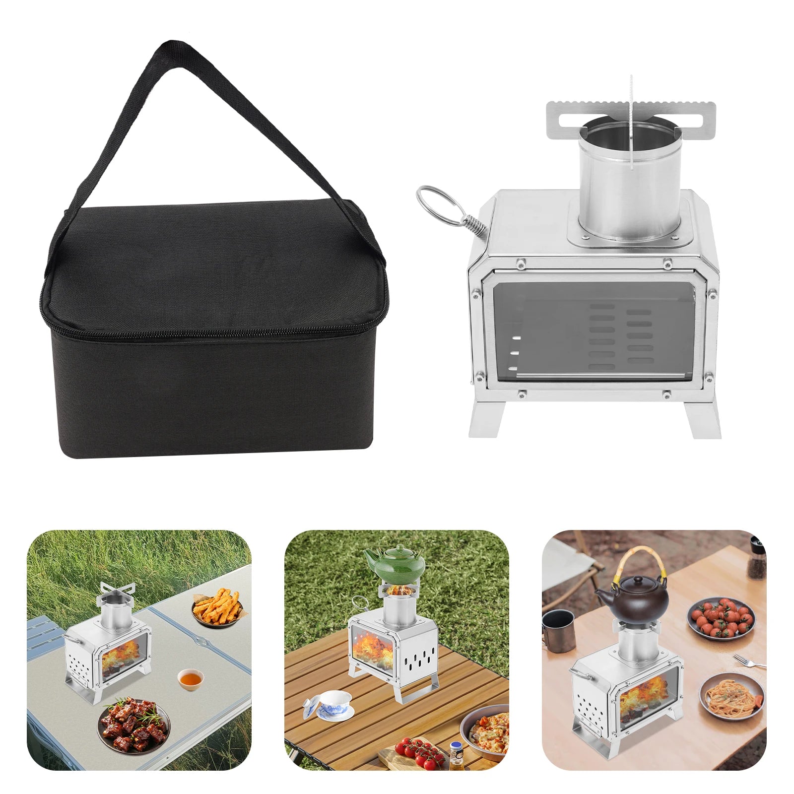 Portable Camping Wood Stove, Mini Stainless Steel Fire Pit for Outdoor Cooking, Hiking, BBQ, with Glass Window & Airflow Vents