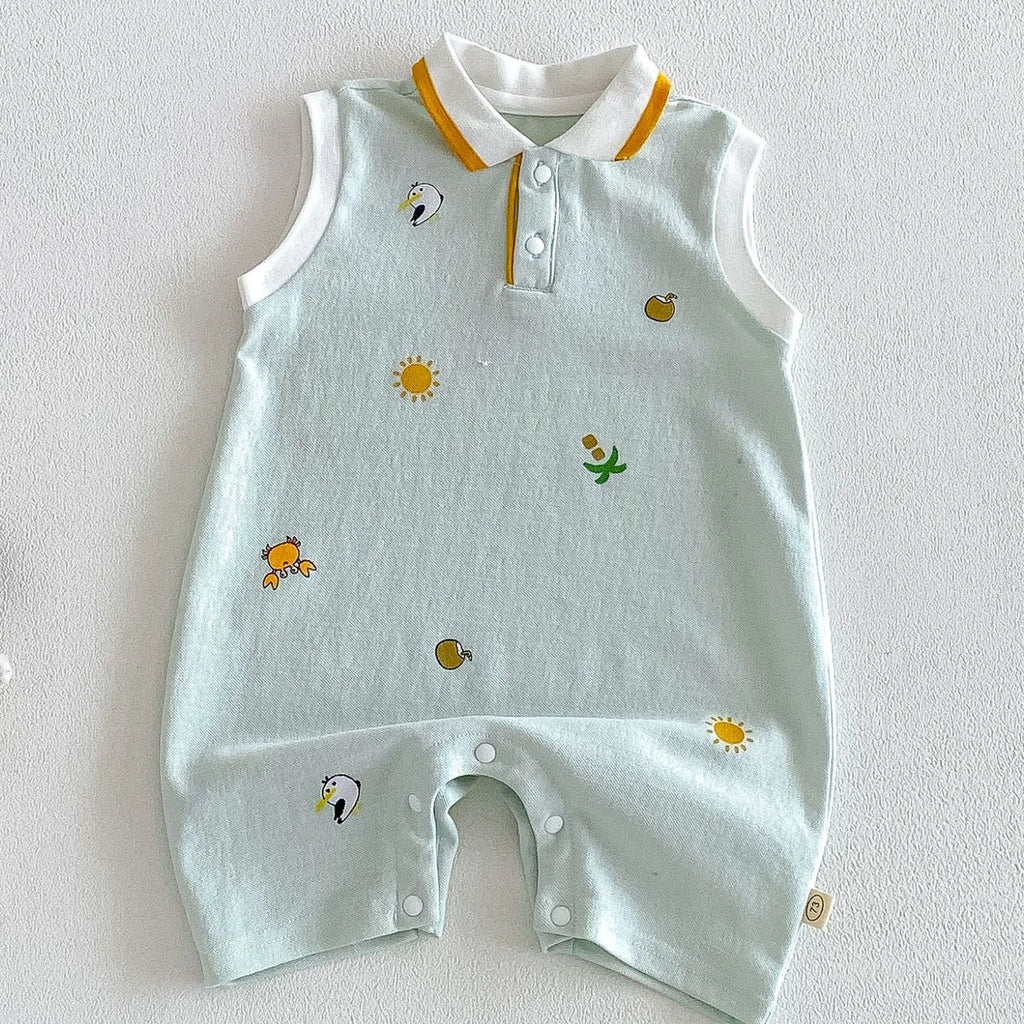 2026 New Summer 0-2Y Baby Clothes Cartoon Print Sleeveless Polo Romper Breathable Mesh Fabric with Placket Snap Closure