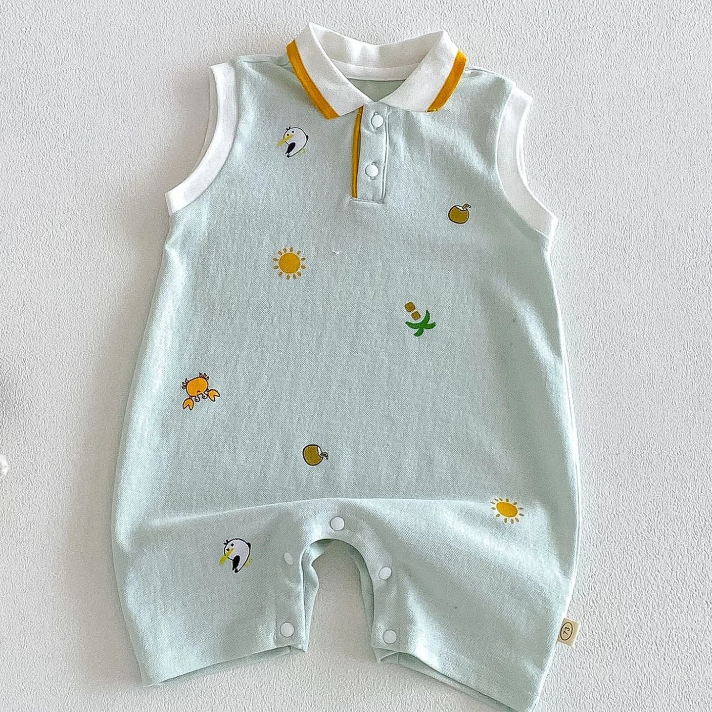 2026 New Summer 0-2Y Baby Clothes Cartoon Print Sleeveless Polo Romper Breathable Mesh Fabric with Placket Snap Closure