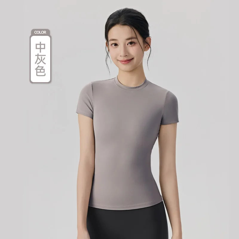 Spring and Summer Yoga Wear Short-sleeved Nude Tight-fitting Fitness Wear for Women Outdoor Running Training Sports T-shirt