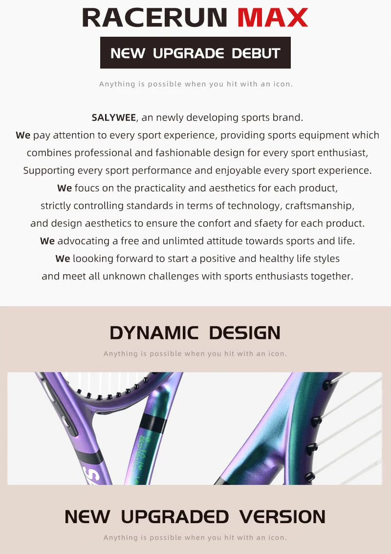 RaceRun-MAX Composite Carbon Tennis Racket, 295±10g Lightweight, 325mm Balance, One-Piece Stable Frame, 50-60lbs, for Advanced
