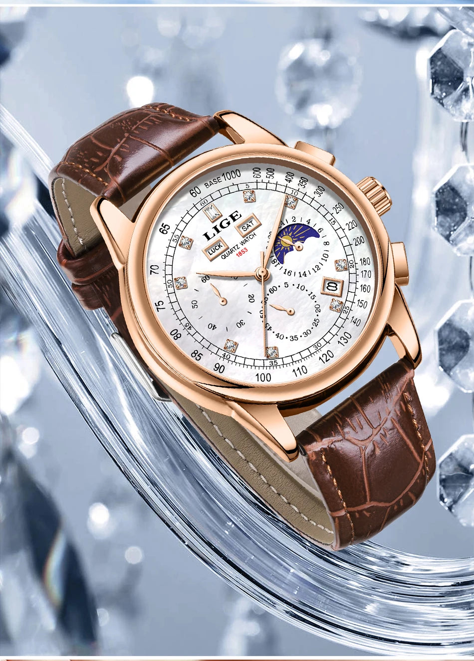 LIGE Retro Elegant Quartz Women's Wristwatches Simple Diamond Dial Fashion Casual Outdoor Date Waterproof Moon Phase Woman Watch