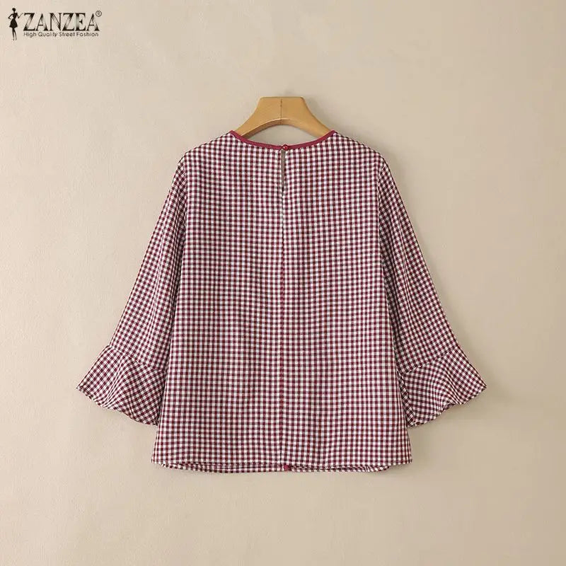 ZANZEA Women Summer Plaid Patchwork Blouse 3/4 Flare Sleeve Cut Out Tops Casual Loose Shirt Retro Chemise Female Work Blusas