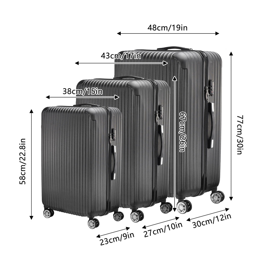 Anajqaqia Black Suitcase Set 3 Piece Luggage Set with Trolley Handle, Double Wheels and TSA Lock, Travel Suitcase Set