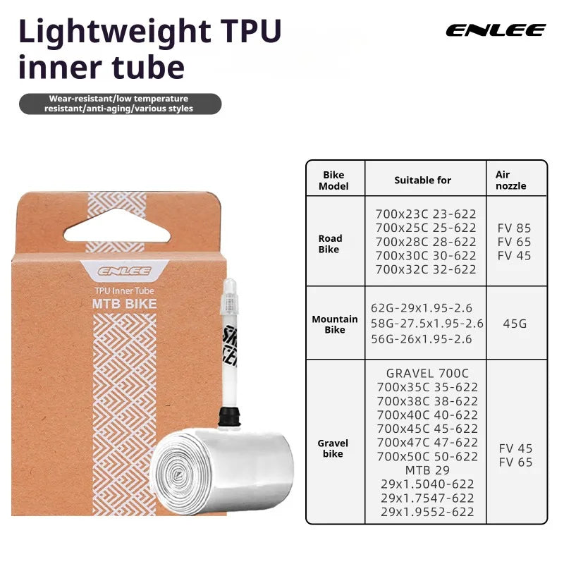 ENLEE Bike Tire Inner Tube TPU F/V Road Mountain Bike TPU Inner Tube Presta Valve 45mm 65mm 85mm Bicycle Inner Tire Bike Parts