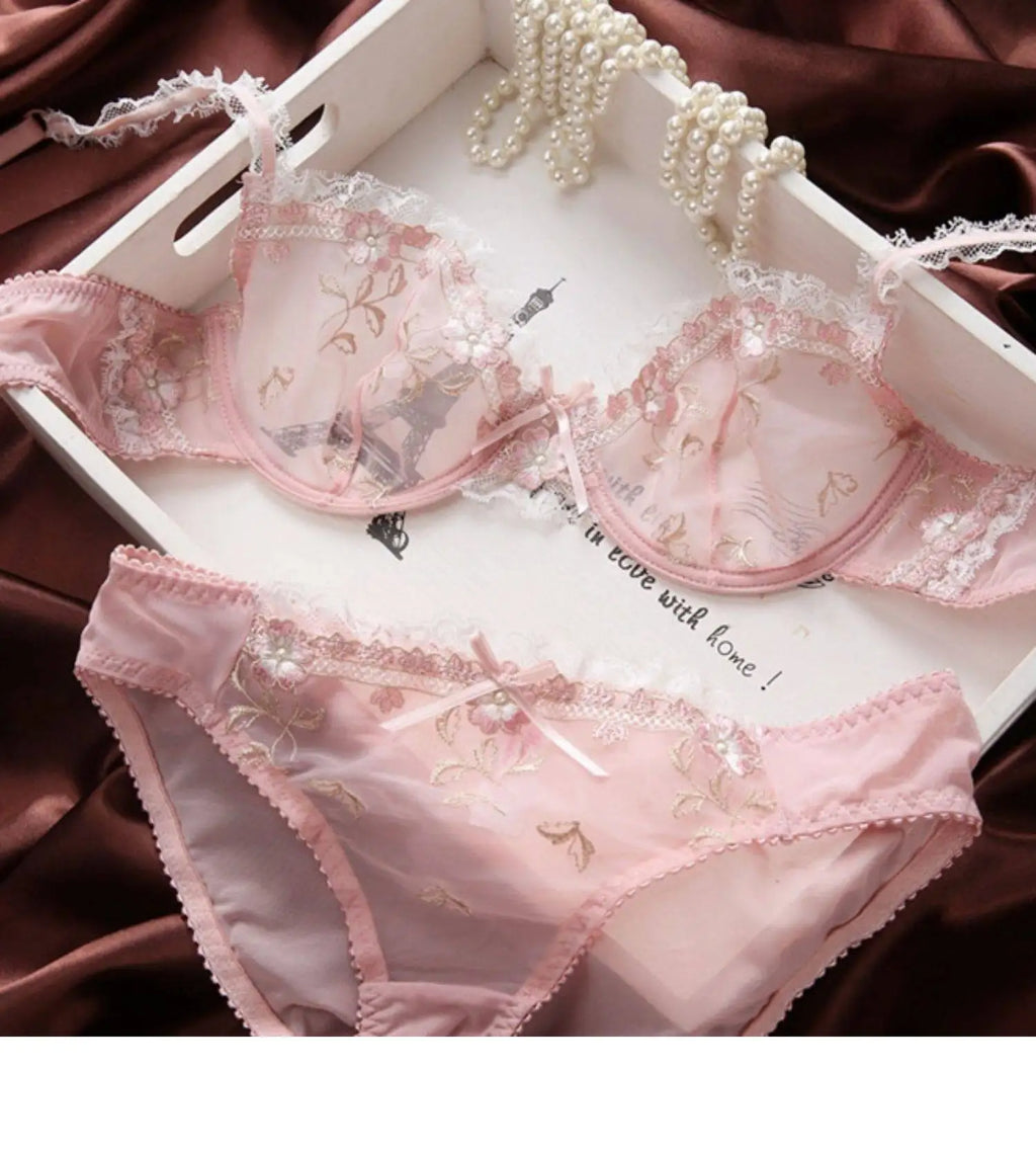 French Style Minimiser Bra Set | Big Size Unpadded Lace Half Cup, Large Cup Thin Anti-Sagging Sheer Lingerie Set BANERDANNI Bras