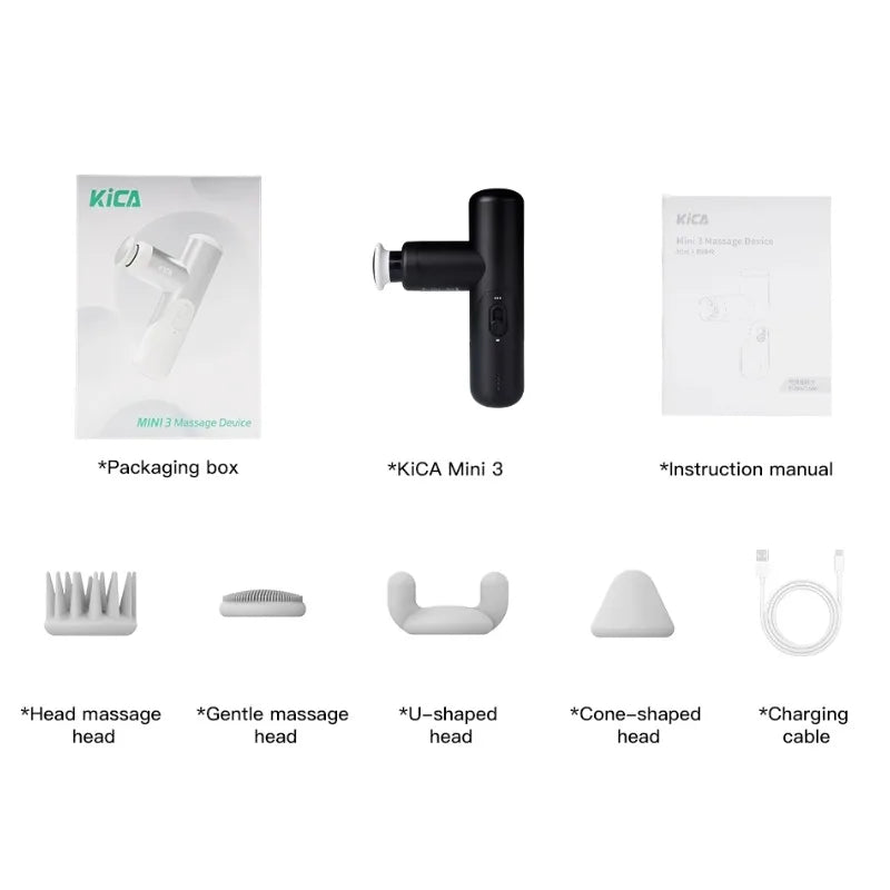 Kica Mini 3 Massage Gun, 3000RPM Stepless Speed, 7kgf Impact Force, 4 Heads, 255g Lightweight Sport Muscle Massager