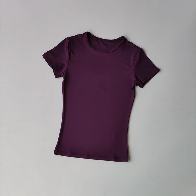 Nude-sensing Solid Color Yoga Clothes for Short-sleeved Women's Quick-drying Elastic Tight T-shirt Fitness Clothes Top Clothing
