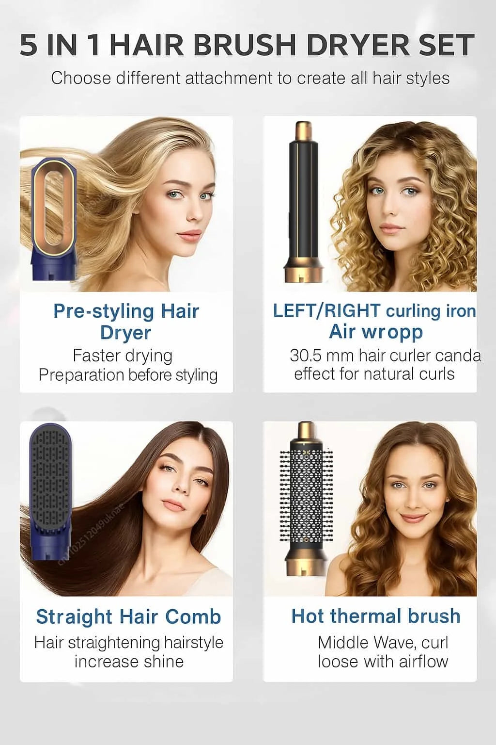 5 In 1 Hair Dryer And Hot Air Comb Brush With Curling Iron Hair Straightener For Fast Drying Curling Straightening And Styling
