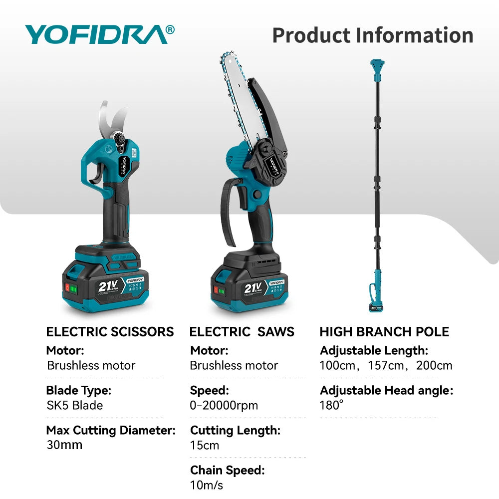 YOFIDRA Brushless Telescoping Pole Electric Chainsaw High Scalable 30MM Pruner Shear Scissor Garden Tool For Makita Battery Pin