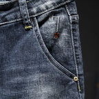 American Elastic Straight Jeans Men Ripped Worn-out Slim-fit Cotton Denim Pants Korean Style Fashion Blue Black Men's Clothing