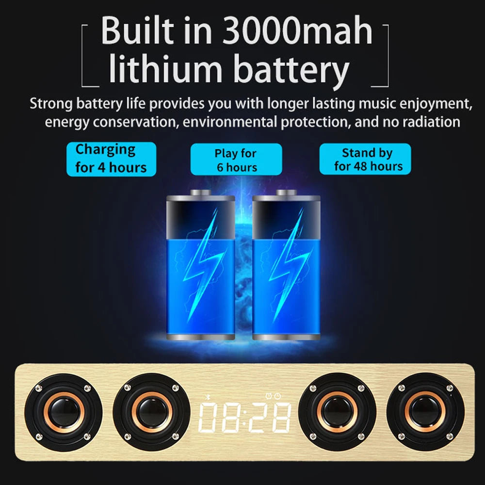 Domars Wireless Bluetooth 5.0 Speakers Wooden Alarm Clock Display Sound System Player with AUX TF FM Radio Subwoofer Box