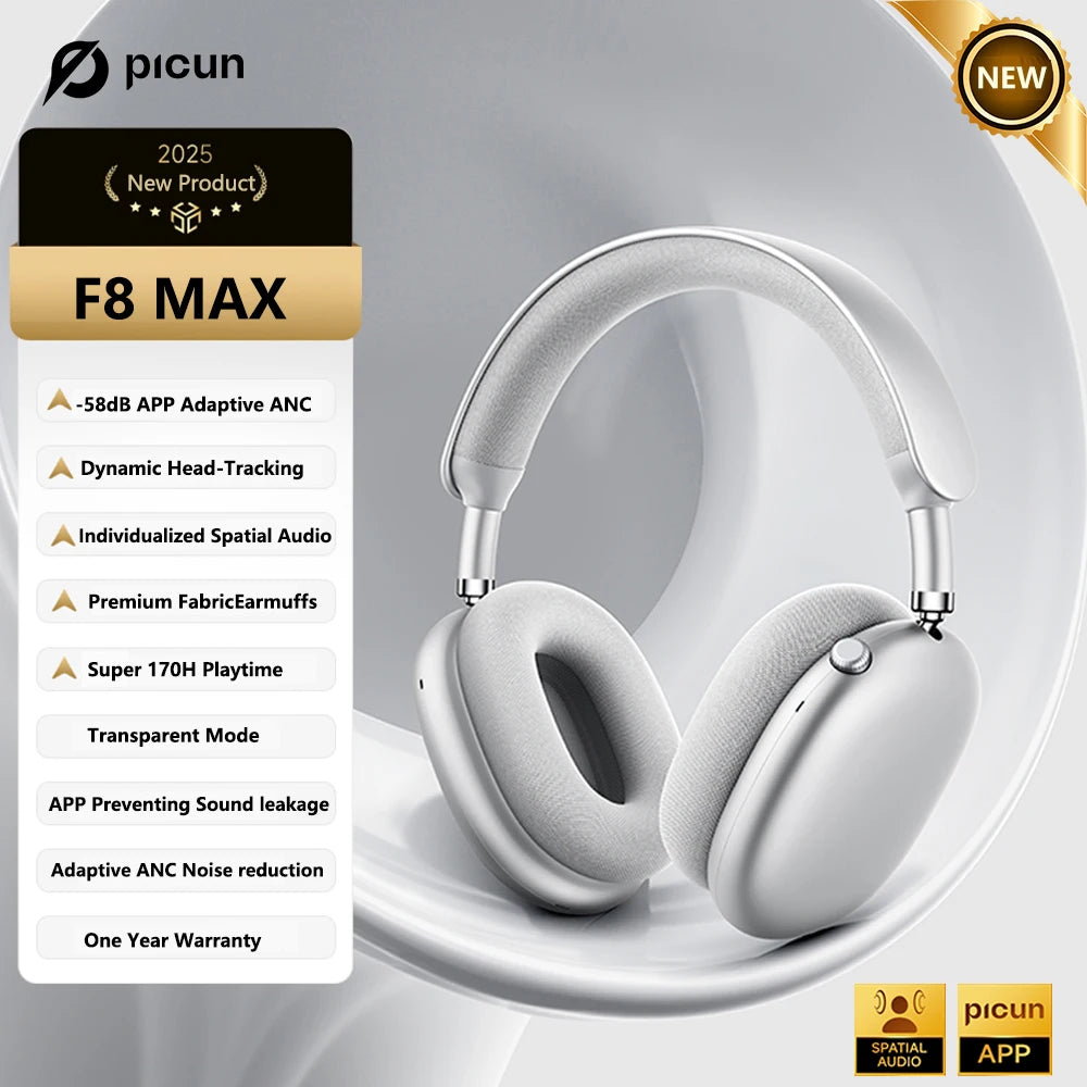 Picun F8MAX ANC Wireless Headphone 59dB Hybrid Active Noise Canceling Spatial Audio Earphone Bluetooth 6.0 Over Ear Headset 180H