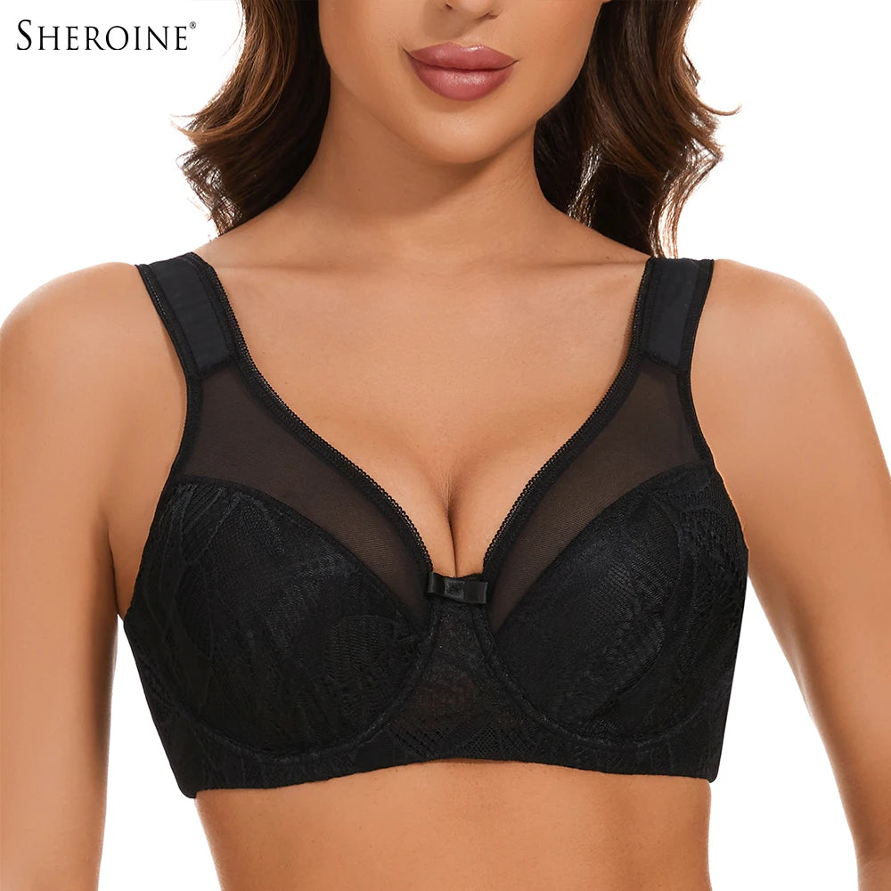 Sheroine Plus Size Women's Lace Floral Minimizer Bra, Underwire Full Coverage Unpadded Bras for Women Lifting Support Comfort