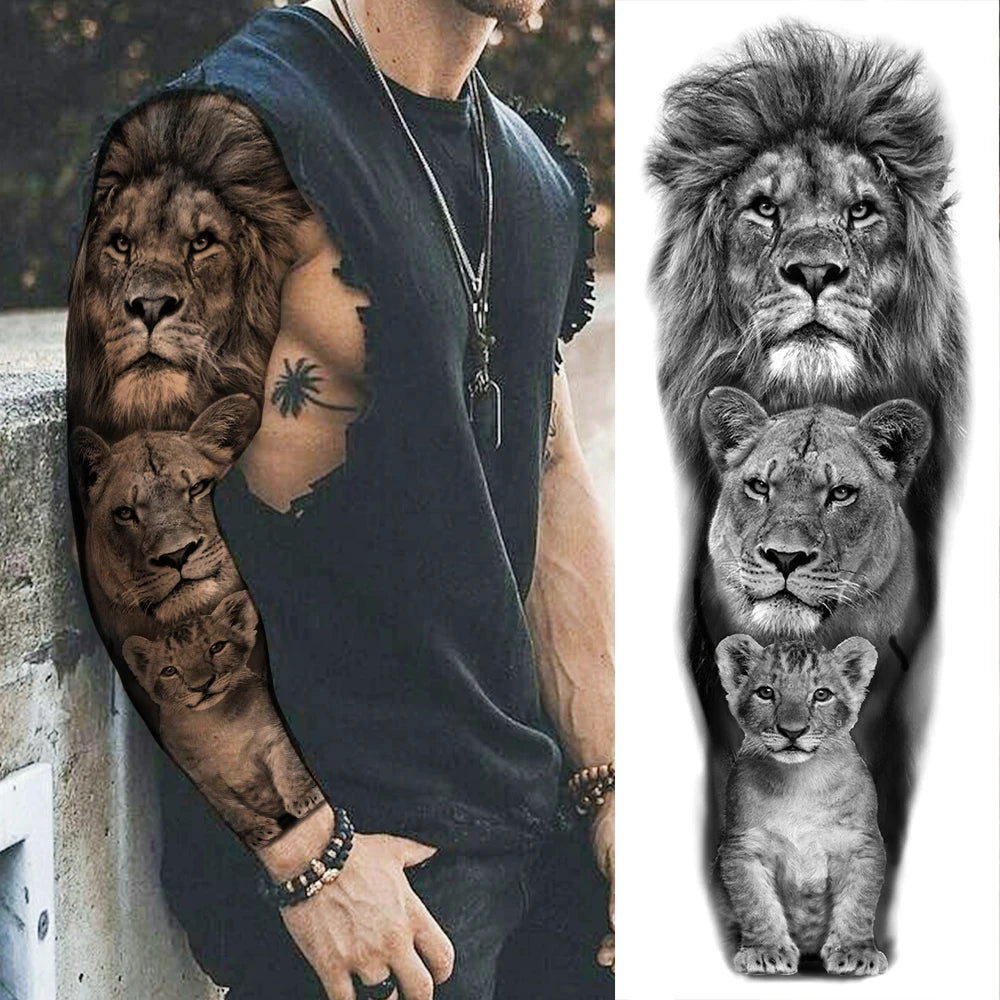 1 Sheet Full Arm Compass Zeus Skull Tiger Lion Flower Temporary Tattoos Sleeve For Men Women Adults Fake Temp Sticker Tattoo