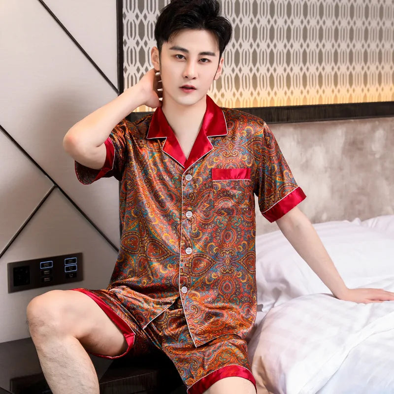 High Quality Pajamas Suit Men Summer Short Sleeve Shorts Ice Silk Sleepwear Male Summer Large Size Simple Casual Loungewear Set