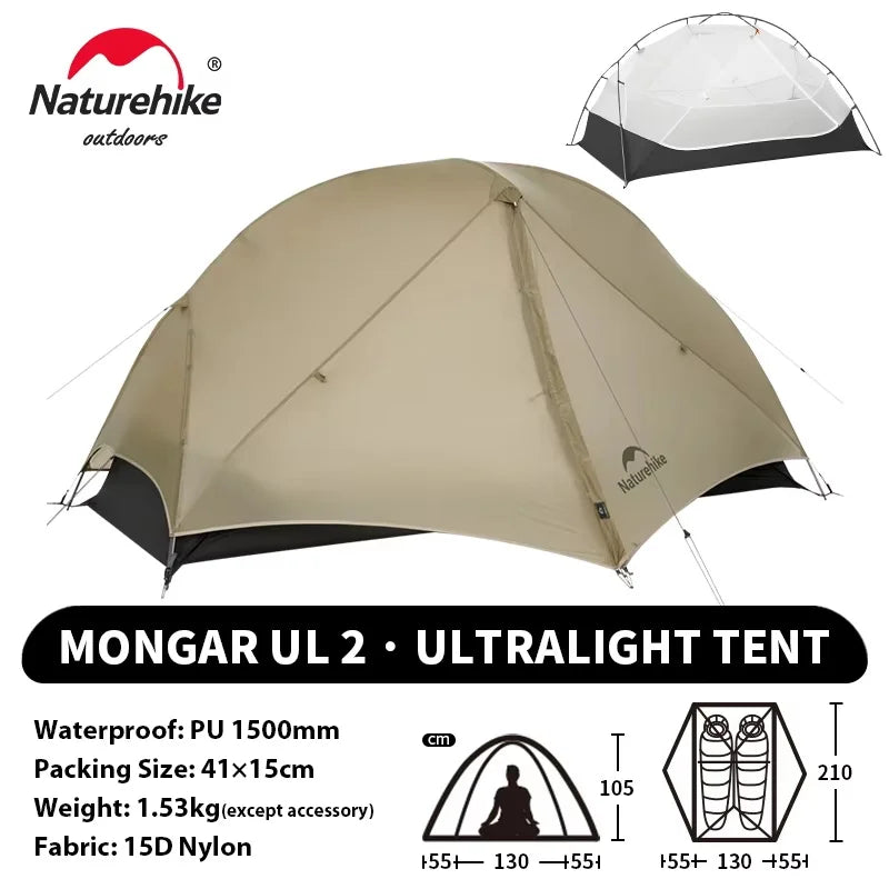 Naturehike Mongar UL 2 Tent 2 Person Backpacking Tent 20D Ultralight Travel Tent Waterproof Hiking Survival Outdoor Camping Tent