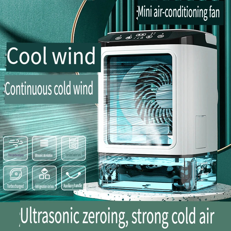 2026  Ultrasonic Mini Air Conditioner 3-Speed Portable Cooler with Colorful Light Humidifier