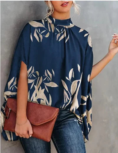 Casual Loose Women's Blouse Fashion Batwing Sleeve Print O-neck Shirts Top Spring Summer Office Lady Blouses Elegant Tops 2024