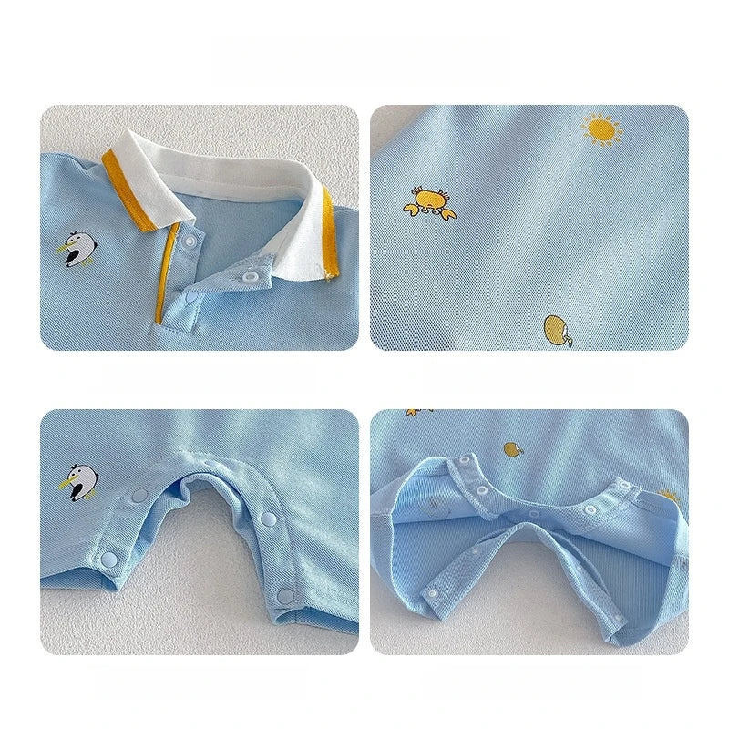 2026 New Summer 0-2Y Baby Clothes Cartoon Print Sleeveless Polo Romper Breathable Mesh Fabric with Placket Snap Closure