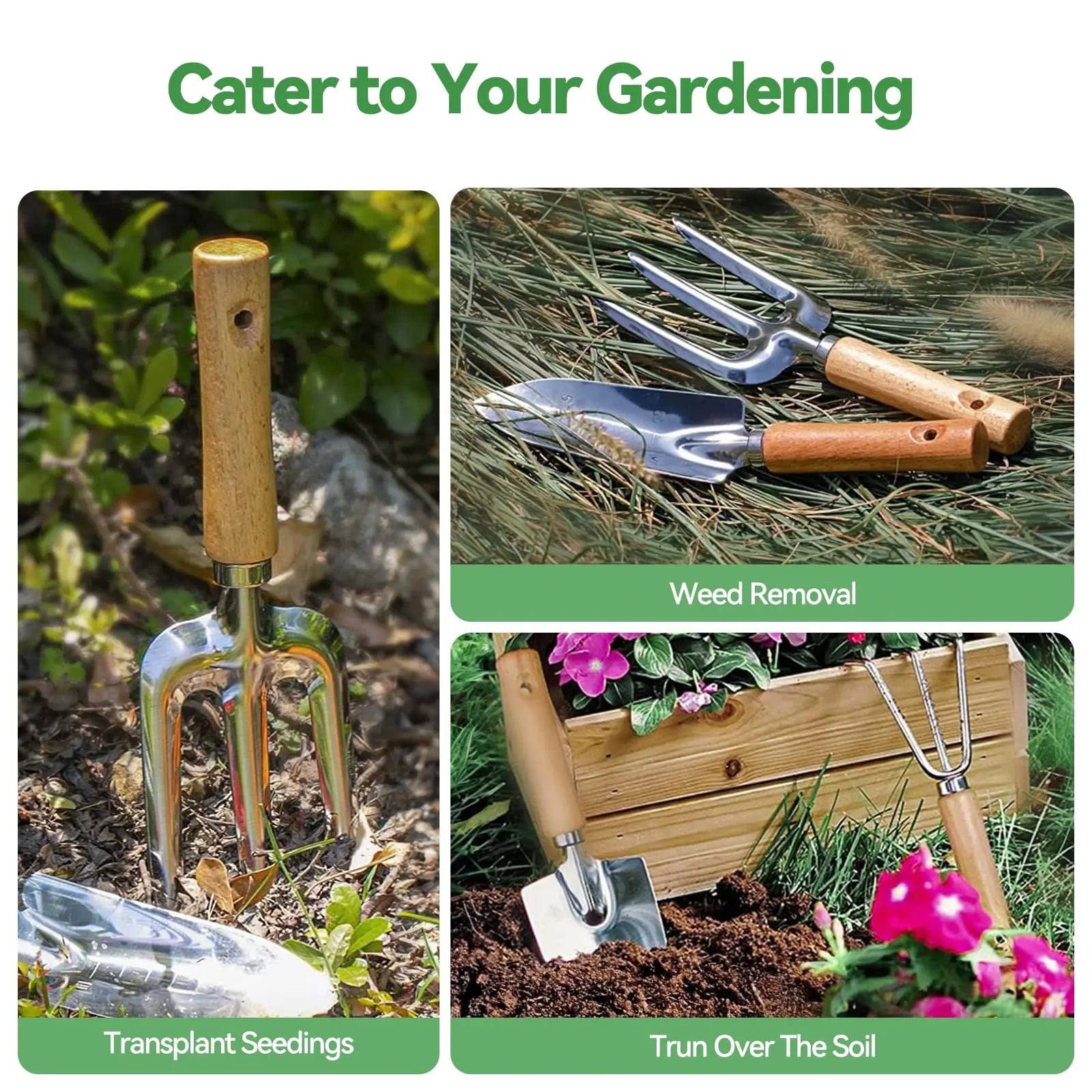 9 Piece Garden Weeding Tools Stainless Steel Gardening Tool Set with Wooden Handle, Weeder