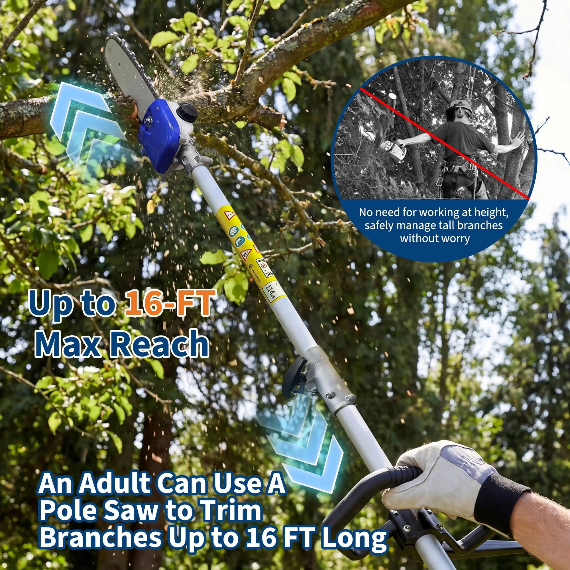 43CC 52CC Petrol Pole Saw 30cm Cutting Bar Long Reach Chainsaw Extendable 2.9m Tree Pruner Garden Power Tool With Shoulder Strap