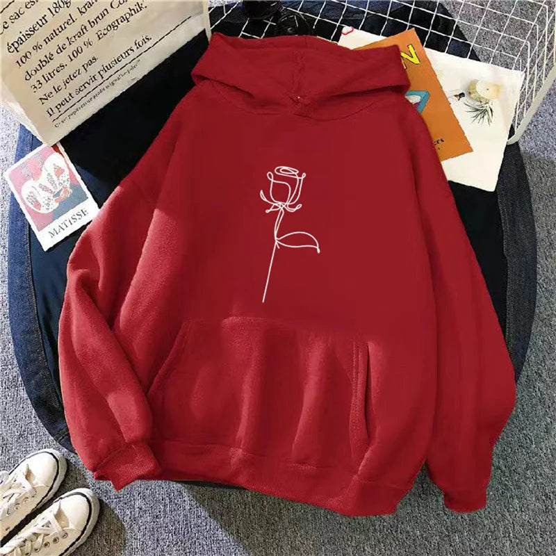 2024 Autumn Winter Hoodies Sportwear Women's Hoodie Pullover Sweatshirt Stylish Flower Print With Thick Long Sleeves Tops Loose